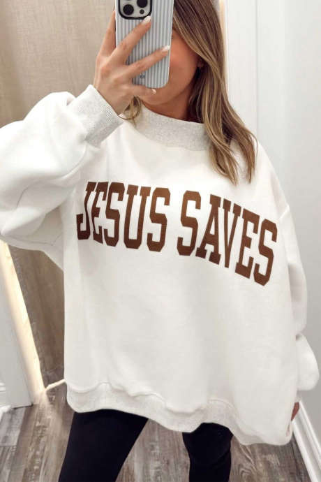 Felpa con collo alto reversibile grigio chiaro con stampa a tema religioso cristiano.