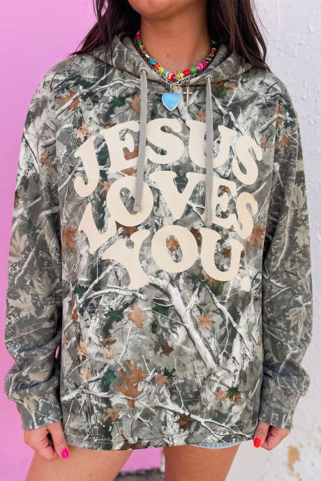 Túnica com capuz e estampa camuflada bege "JESUS ​​LOVES YOU"