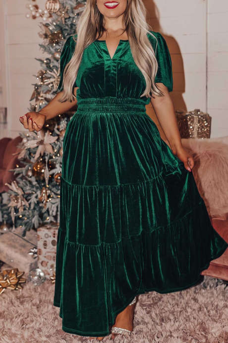 Vestido largo de talla grande de terciopelo verde oscuro con mangas cortas, cintura fruncida y volantes PL614074-P309