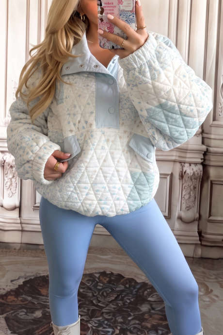 Sweat-shirt à enfiler matelassé à fleurs multicolores et demi-boutons avec poches
