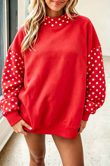 Feurig rotes, gepunktetes Sweatshirt mit Rundhalsausschnitt, langen Ärmeln und lockerem Schnitt