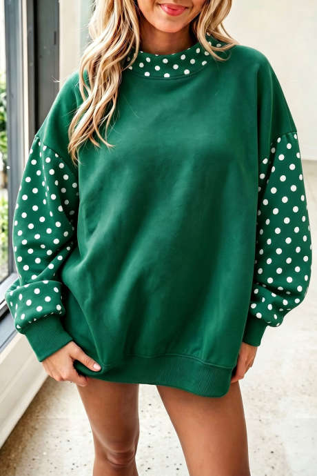 Sweatshirt Baggy Lengan Panjang Kontras Titik Polka Evergreen Leher Bulat