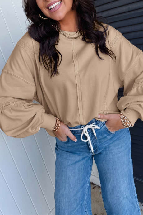Sweat-shirt ample et décontracté couleur parchemin uni à coutures brutes et détails en dentelle