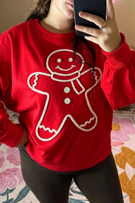 Sudadera informal de manga larga, cuello redondo y corte holgado con bordado navideño en rojo intenso LC25321932-P3