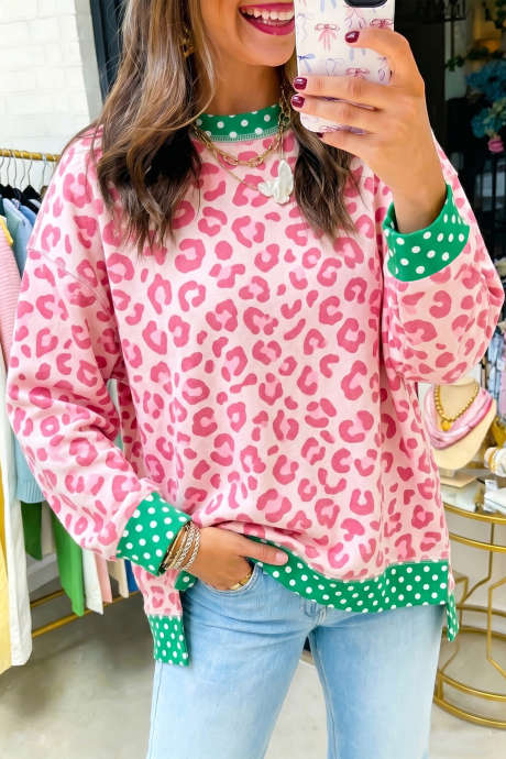 Langarmshirt mit rosa Leopardenmuster, Polka-Dots und farblich abgesetztem Besatz