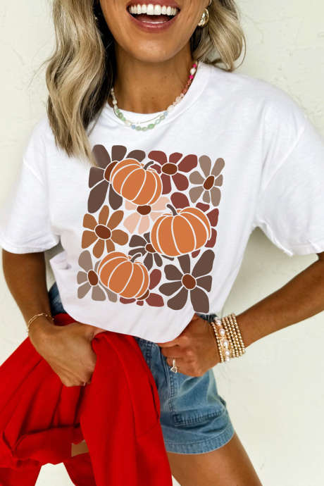 Camiseta casual branca com estampa floral de abóbora para o Dia de Ação de Graças