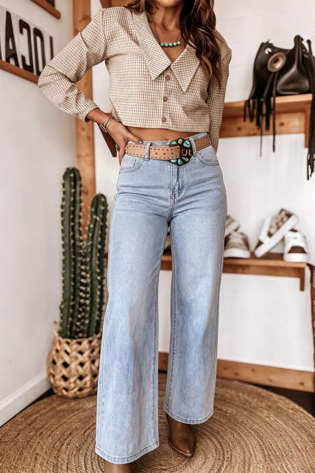 Beau Blue Glitter Detalj Western Casual Shift Jeans