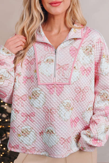 Sudadera rosa con estampado abstracto navideño, cuello con cremallera y manga larga LC25321934-P1020