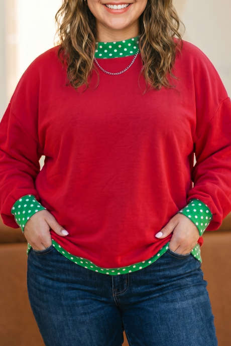 Moletom plus size de gola redonda com patchwork de bolinhas vermelhas estilo corrida