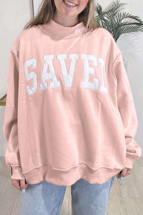 Pinkki Saved By Grace -brodeerattu ja kirjainkuvioinen korkeakauluksinen collegepaita
