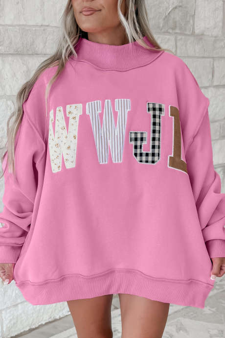 Bonbon WWJD Mixed Pattern Embroidered Patch Graphic Mock Neck Sweatshirt
