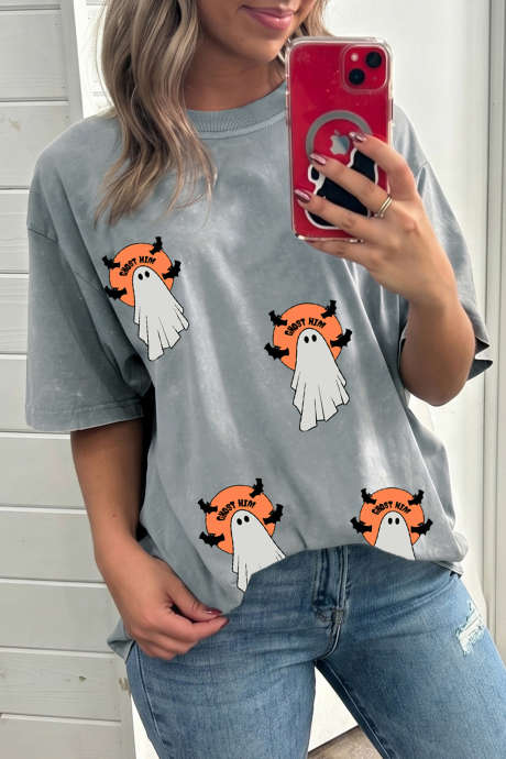 Camiseta de manga corta holgada con estampado de fantasmas de Halloween en color gris