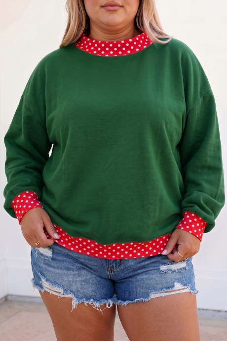 Moletom plus size verde escuro com estampa de bolinhas e gola redonda