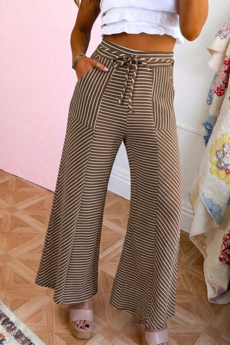 Pantaloni casual kaki cu dungi și model patchwork