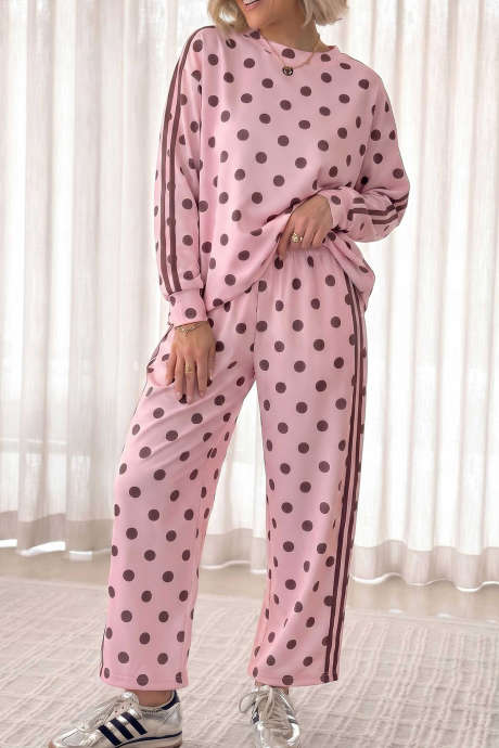 Conjunto casual de top de manga larga con estampado de lunares rosas y detalle de raya lateral LC629809-P1020