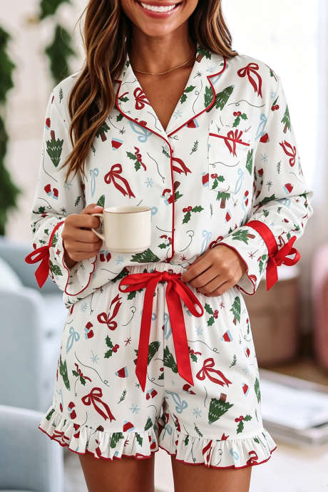 Set Pakaian Santai Lengan Panjang dengan Manset Berkerut Motif Natal Putih