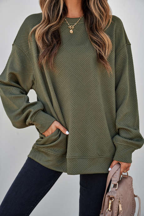 Sweat-shirt à col rond texturé vert jungle uni, à épaules tombantes.