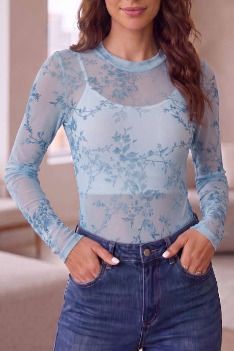 Bodysuit Lengan Panjang Leher Tinggi Motif Bunga Jala Transparan Warna Biru Langit
