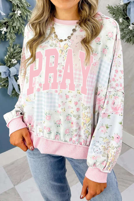Rosa PRAY Grafisk Blommig Blandad Mönster Patchwork Stickad Topp