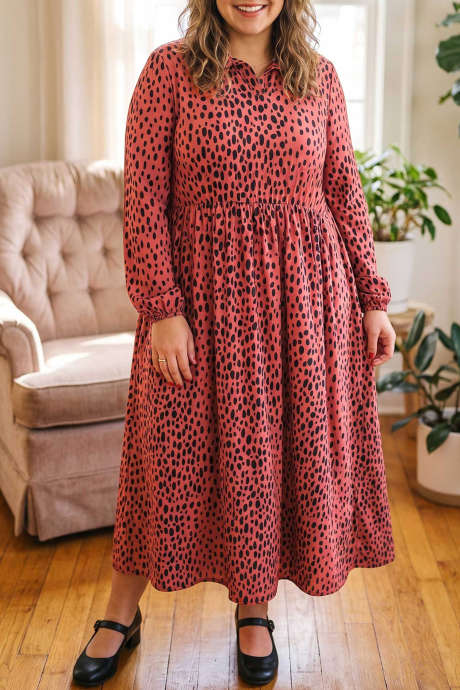 Abito midi taglie forti a maniche lunghe con scollo a V e stampa leopardata rossa