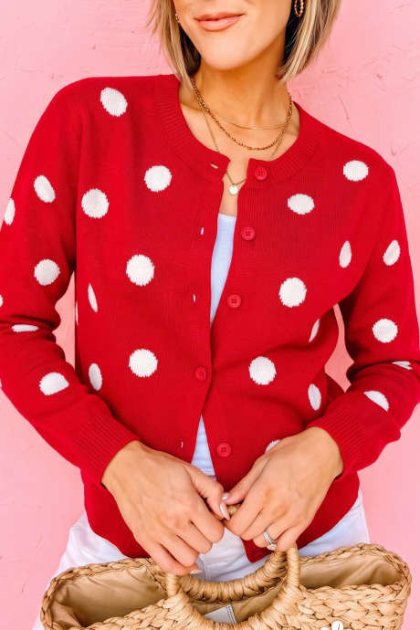 Cardigan Sweater Lengan Panjang Motif Polkadot Merah Menyala Kasual dengan Kancing Depan