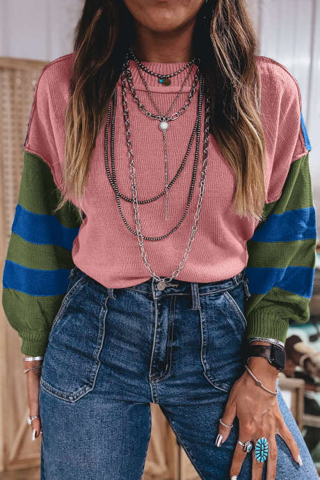 Mehrfarbiger Western-Colorblock-Patchwork-Pullover mit Streifen und langen Ärmeln
