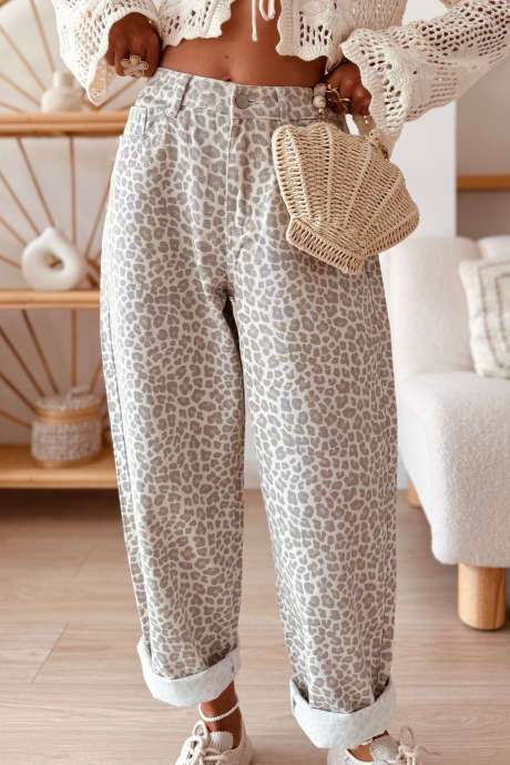 Graue Jeans mit Leopardenmuster, hoher Bund, lässiger Schnitt