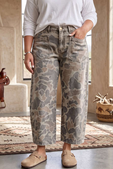 Flerfärgade plusstorlek kamouflagemönster hög midja fatjeans