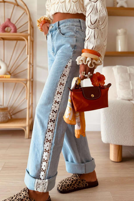 Modre dolge kavbojke z votlo čipko in patchwork vzorcem Beau Blue