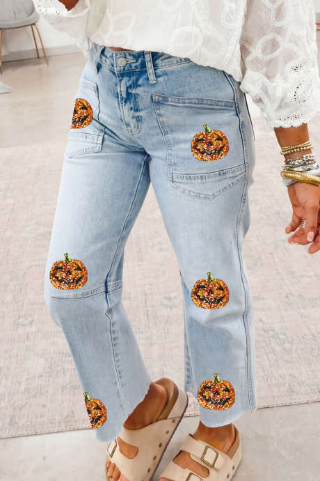 Beau Blue Pailletten Pompoengezicht Patchwork Halloween Jeans