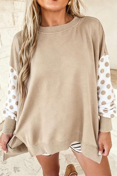Bluza w kolorze khaki z patchworkowymi rękawami i okrągłym dekoltem, luźna, wciągana przez głowę, LC25322055-P1620