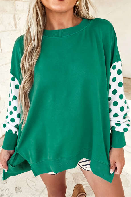 Sweat-shirt ample à manches patchwork vertes à pois et col rond