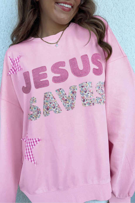 Roze patchwork sterren ruitjes unieke bloemenletters baggy sweatshirt