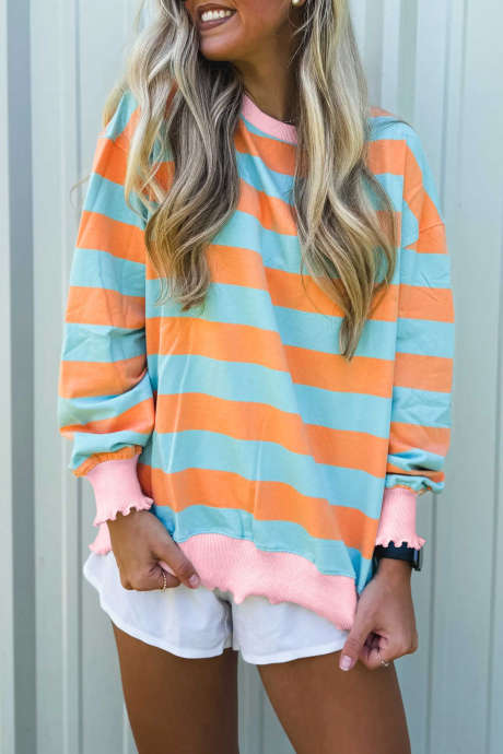 Orangefarbenes, gestreiftes, geripptes Langarmshirt mit Farbblockbesatz, Rundhalsausschnitt.