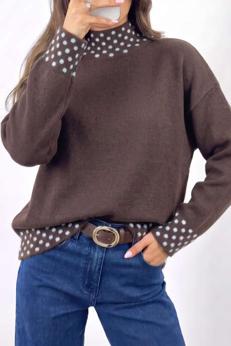 Jersey de cuello alto con contraste de lunares color café