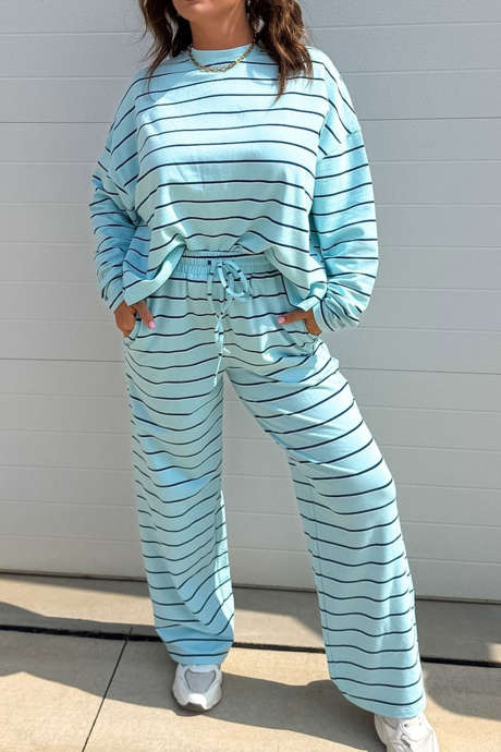 Sky Blue Stripe Mock Neck Long Sleeve Two Piece Pants Set