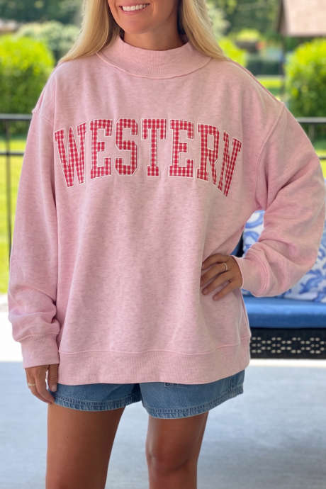 Lyserød Ternet WESTERN Graphic Mock Neck Baggy Pullover Sweatshirt