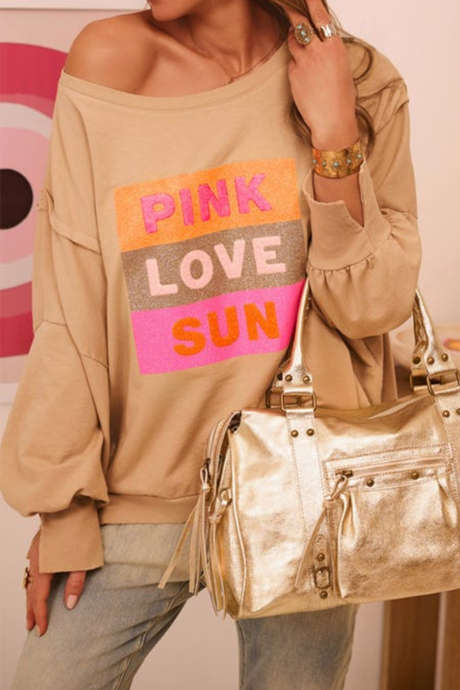 Light French Beige PINK LOVE SUM Color Block Print Round Neck Pullover Sweatshirt