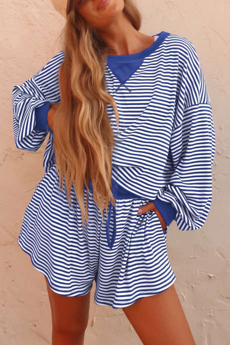 Blue Stripe Oversized Long Sleeve Top Drawstring Loose Shorts Set na 2 piraso