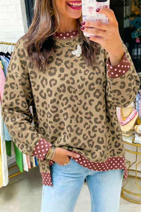 Langarmshirt mit braunem Leopardenmuster und Polka-Dots in Colorblock-Optik