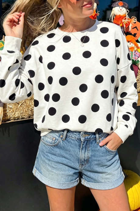 Sudadera informal beige con cuello redondo y estampado de lunares LC25321891-P1520
