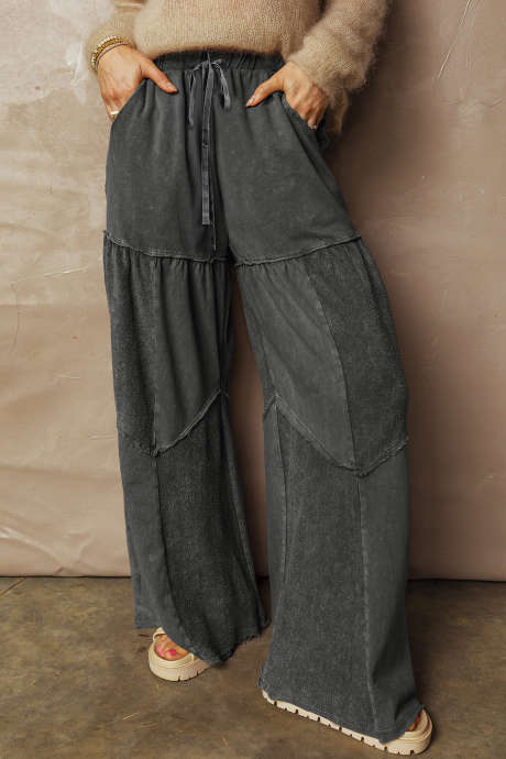 Pantalon patchwork à jambes larges et à cordon de serrage, délavé minéral noir