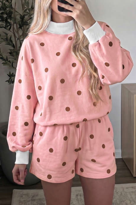 Set Atasan dan Celana Pendek Kasual Motif Polkadot Merah Muda dengan Trim Bergaris