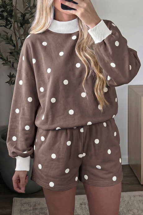 Conjunto casual de top de manga larga con ribete acanalado y lunares marrones