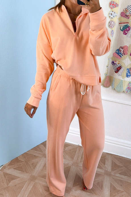 Grapefruit Orange Solid Color Quarter Zip Pullover Drawstring Pants 2pcs Set