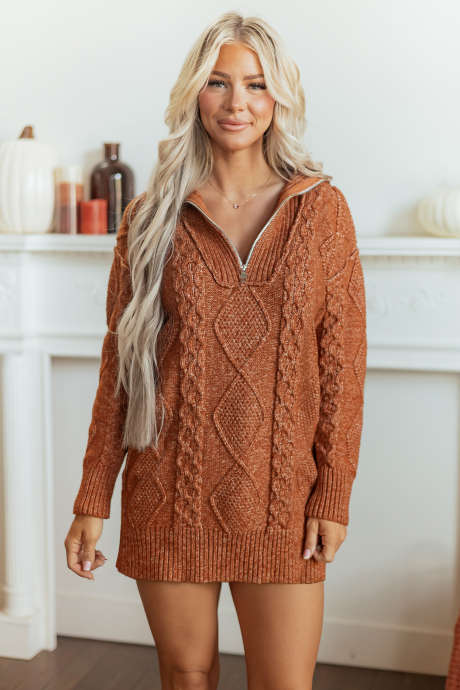 Robe pull à fermeture éclair en maille torsadée couleur argile, épaules tombantes