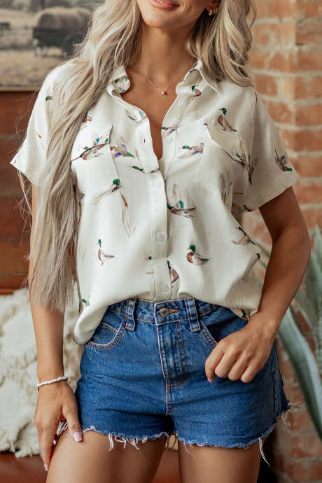 Chemise à manches courtes imprimée canard colvert blanc et poche à rabat boutonnée