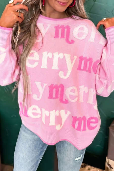 Jersey de punto rosa con cuello redondo y estampado Merry Me LC2728974-P1022