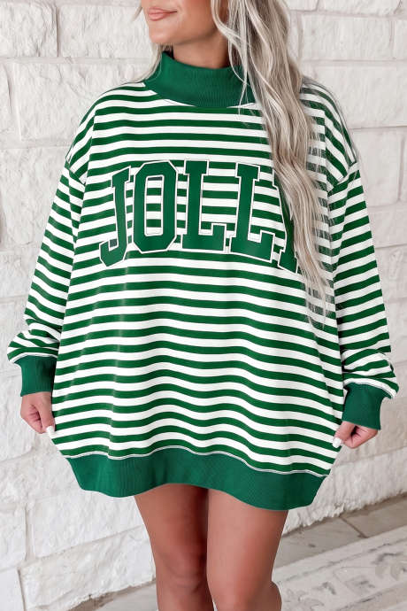 Moletom oversized com gola alta e detalhes bordados com slogan natalino em listras verdes