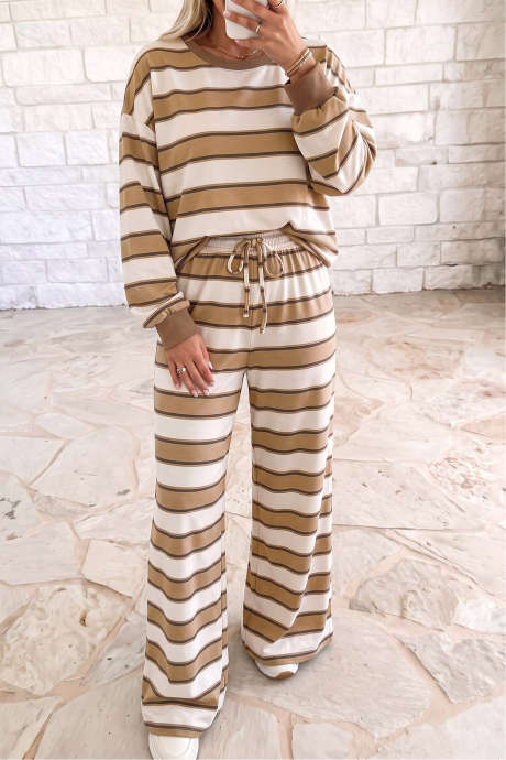 Set ng Kaswal na Dalawang-Pirasong Pantalon na may Khaki Stripe Contrast Trim Patchwork